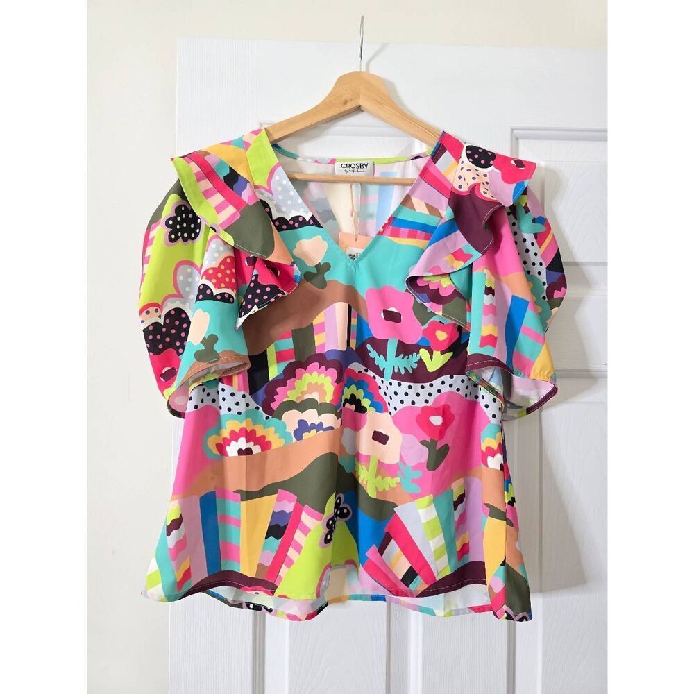 Crosby by Mollie Burch Stella Top Walking on Sunshine V Neck Blouse XS NWT